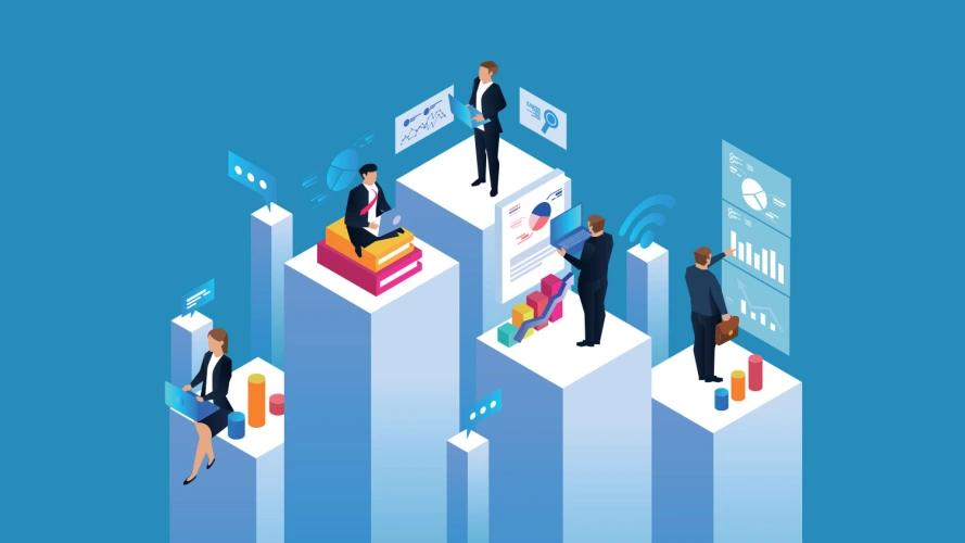 Graphic representation of women reviewing data on laptops and men analyzing charts and graphs.