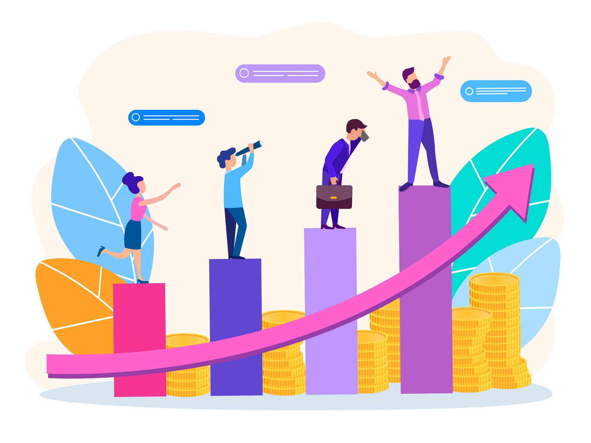 Large pink upward arrow and four finance leaders on progressively higher graph bars.